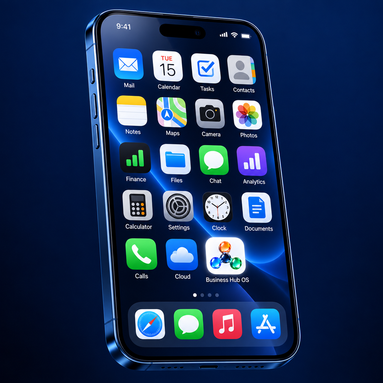 A full screen of productivity app icons including the Business Hub OS connected-sphere logo